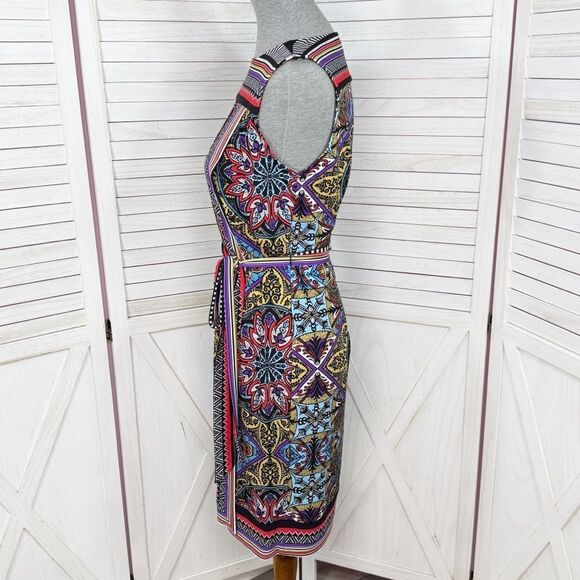 Premise Mosaic Multi Print Faux Wrap Belted Sleeveless Dress Multicolor Small - Picture 2 of 12